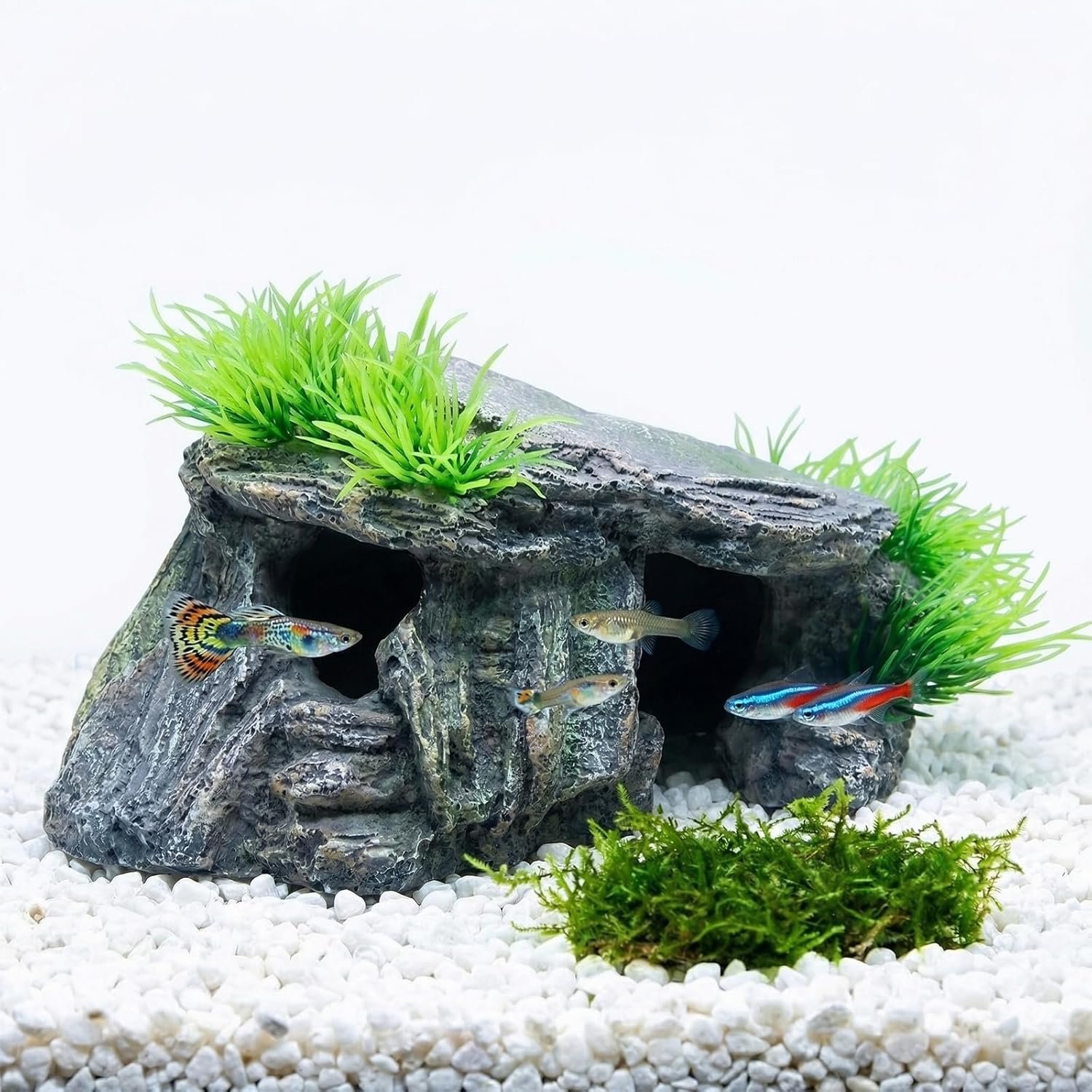 Aquarium Cave & Betta Hideout – Natural Resin Fish Tank Decorations, Small Turtle Basking Platform, Hand-Polished Smooth Edges, PH Neutral Stone Decor for Shrimp, Cichlid, and Reptiles (Small)