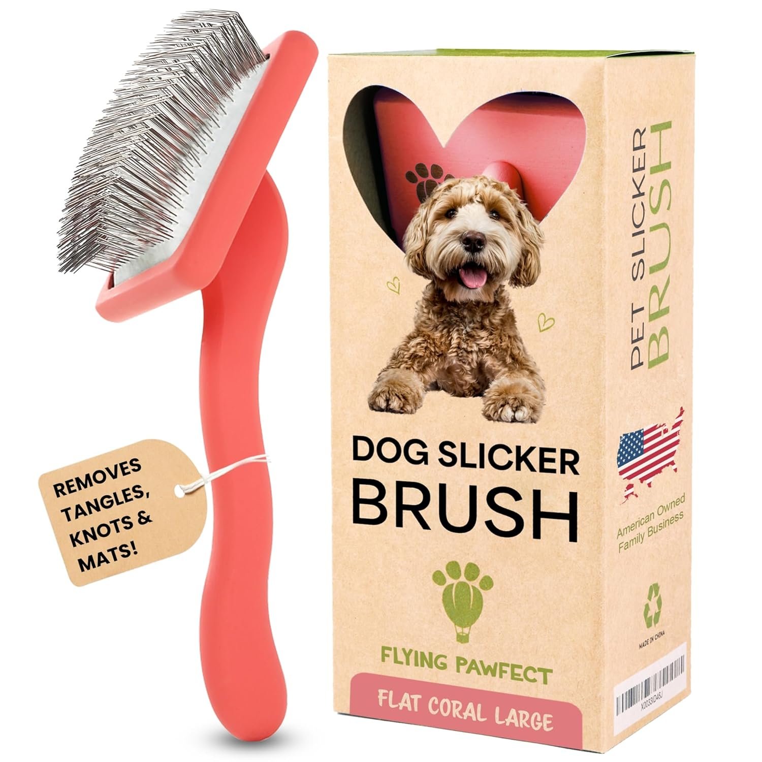 Slicker Brush for Dogs – Long Pin for Poodles, Doodles & Long Haired Dogs, Deshedding & Dematting Tool, Slicker Dog Brushes for Grooming (Coral, Flat Large)