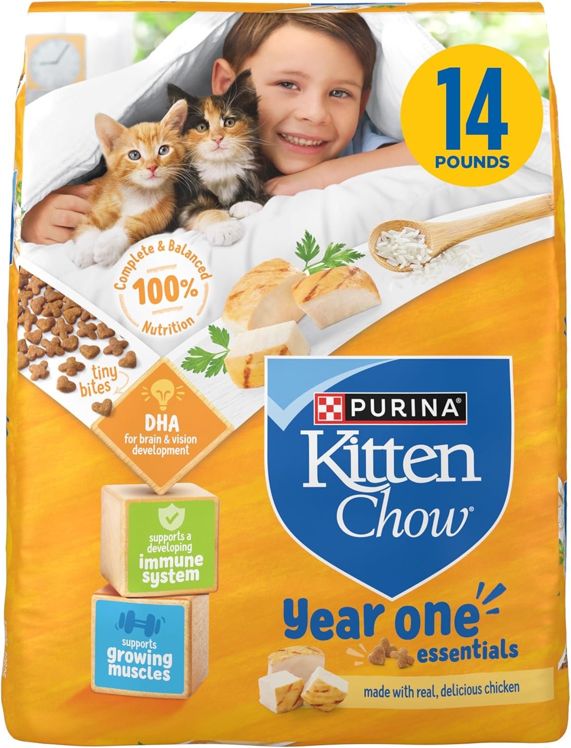 Purina Kitten Chow Year One Essentials with Real Chicken High-Protein Complete and Balanced Dry Kitten Food with Essential Nutrients – 14 lb. Bag