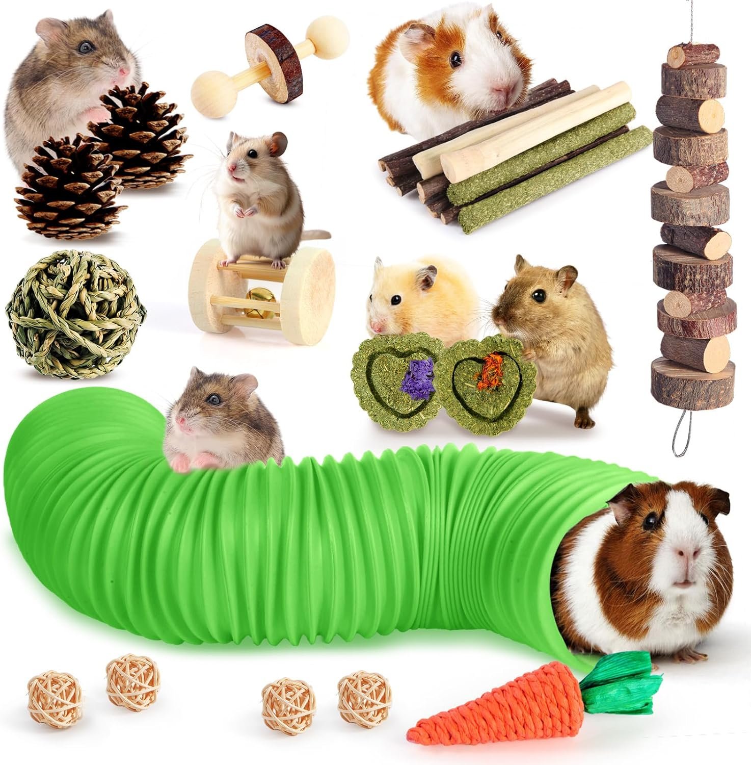 Kyouki Hamster Toys Guinea Pig Toys Set with Tunnel, Chewable Apple Wood & Natural Timothy Hay – Enrichment Chew Toys for Small Animals – 24+ Cage Accessories for Teeth Care & Boredom Relief (Green)