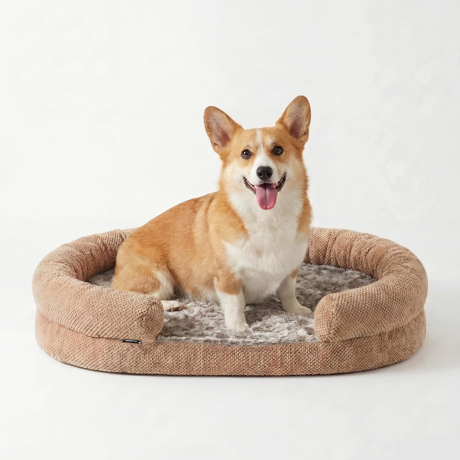 Orthopedic Dog Bed for Medium Dogs, 35 Inches Oval Pet Bed with Memory Foam, Removable Washable Cover, Bolstered Sides, Thick Supportive Cozy Puppy Bed for Sleeping, Camel