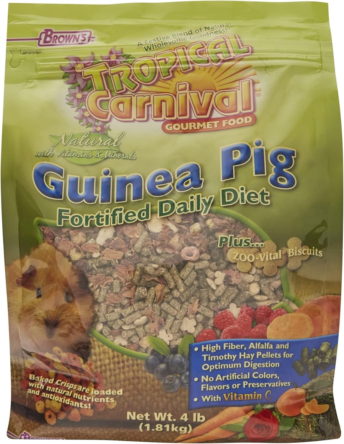 F.M. Brown’s Tropical Carnival, Natural Guinea Pig Food, Vitamin-Nutrient Fortified Daily Diet with Vitamin C and High Fiber Alfalfa and Timothy Hay Pellets for Optimum Digestion, 4 lb
