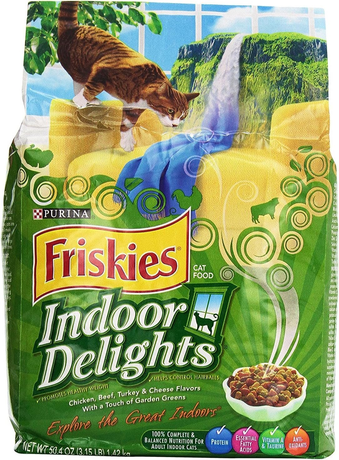 Friskies Dry Cat Food, Indoor Delights, Flavors of Chicken, Salmon, Cheese and Garden Greens, 3.15 Lb Bag