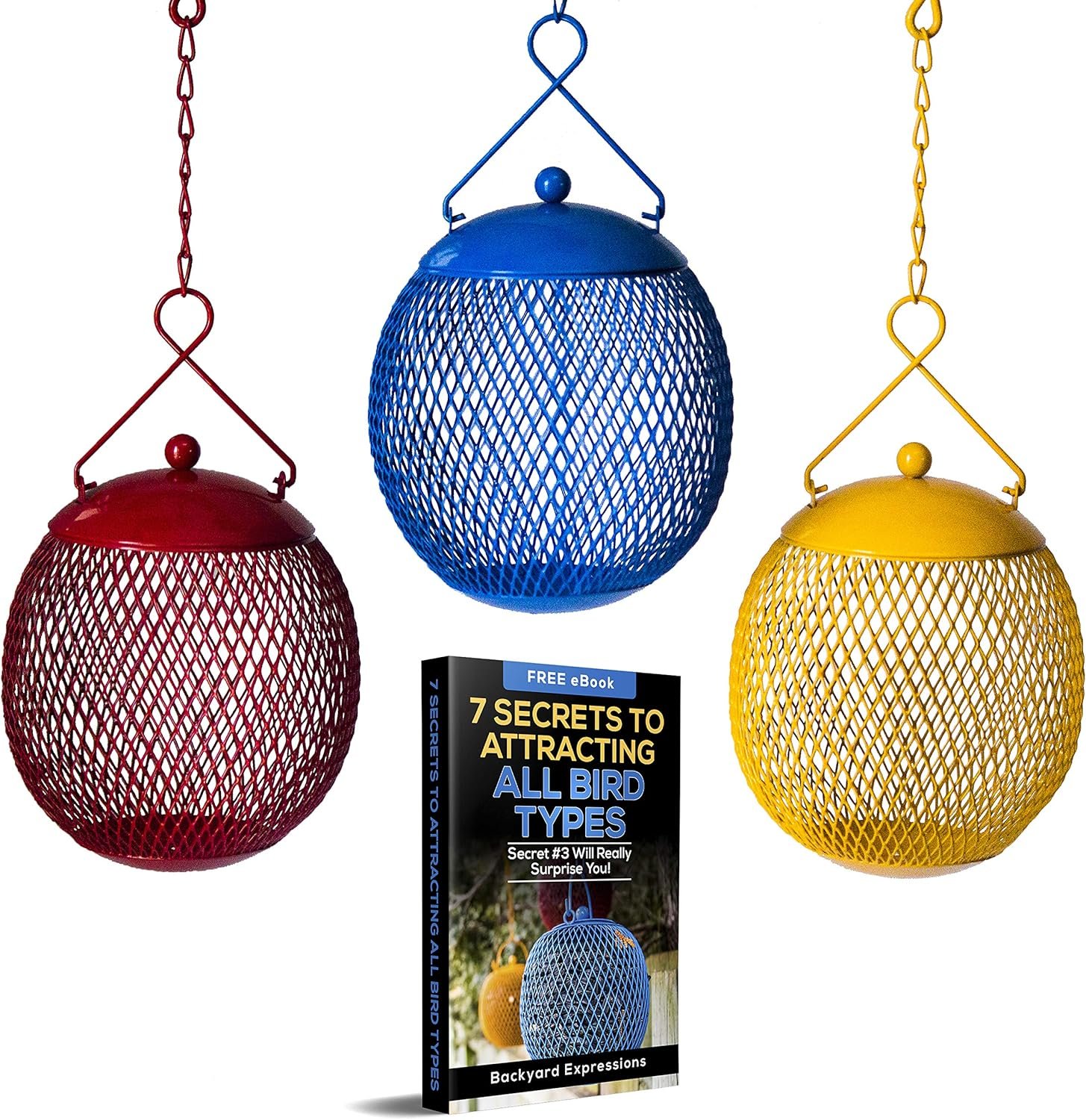 Backyard Expressions 3-Pack Metal Mesh Bird Feeders for Outdoors – Red, Blue & Yellow Squirrel-Resistant Hanging Feeders for Cardinals, Finches & Songbirds – Durable All-Weather Design