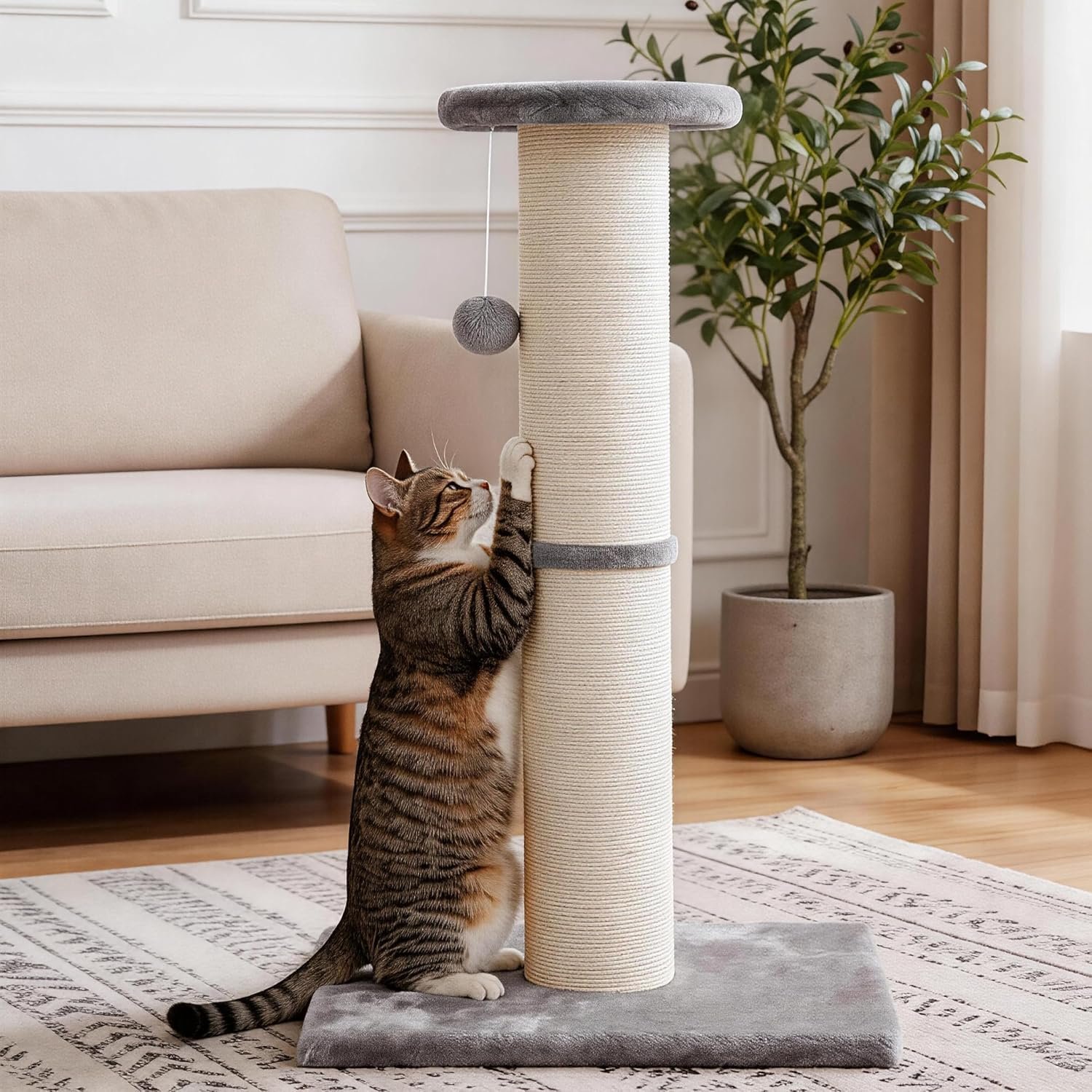 PAWSCRAT Cat Scratching Post 32″ Tall, 5-Inch Diameter Natural Sisal Cat Scratch Post with Dangling Ball for Indoor Cats, Scratch-Resistant Durable and Protect Your Furniture, LightGrey