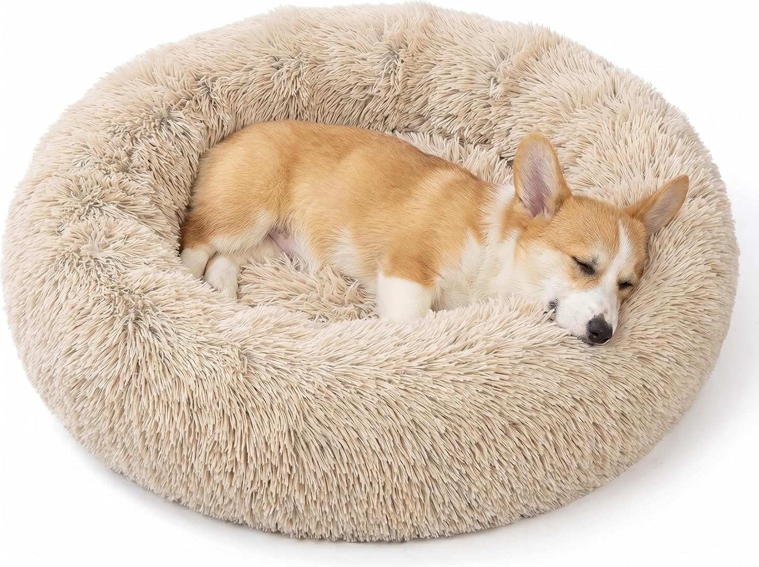 SAVFOX 23 inches Calming Donut Dog Bed – 3X Durable Plush Faux Fur, Machine Washable & Non-Slip, Fits up to 25 lbs, Beige