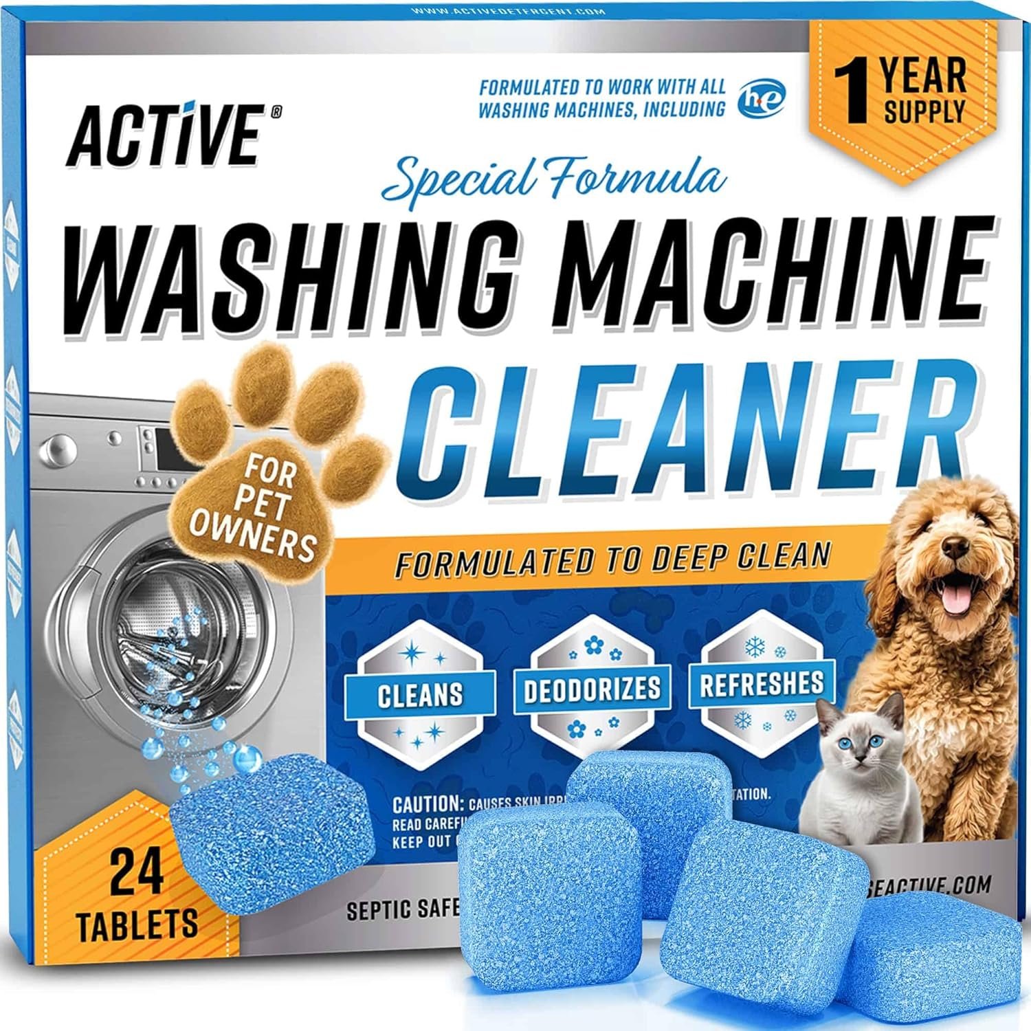 ACTIVE Washing Machine Cleaner for Pet Owners Enzymatic Deep Clean Descaler for Cat & Dog Hair, Urine, Odor, Residue, 24 Septic-Safe Tablets for Top Load, Front Loader, HE Washer Tub – 1 Year Supply