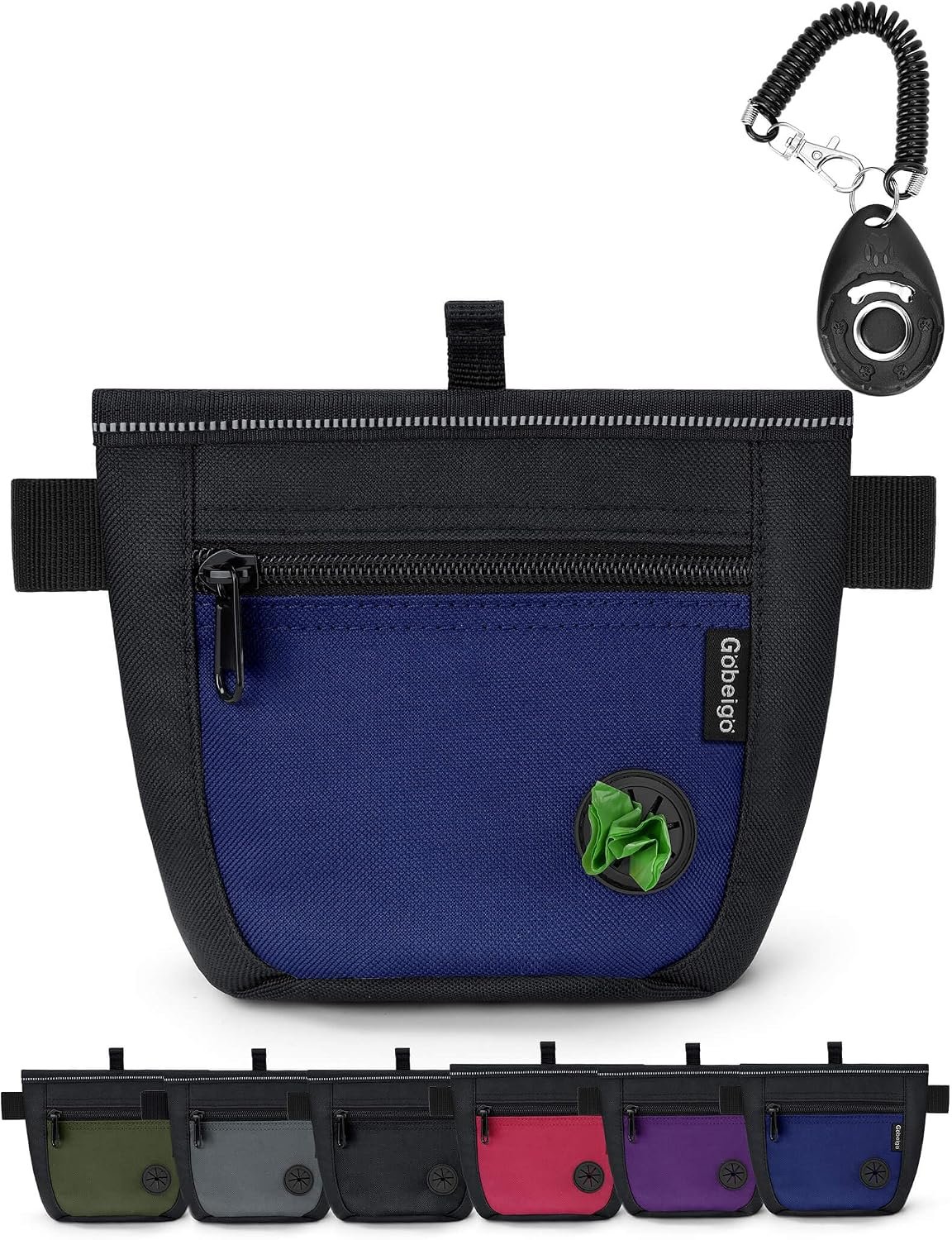 Gobeigo Dog Treat Pouch and Training Clicker, Upgrade Two Magnetic Closure to Prevent Spills, 2 Cup Treat Bag with Poop Bag Dispenser, Metal Clip Waist Belt Fanny Pack for Pet Walk (Black/Blue)