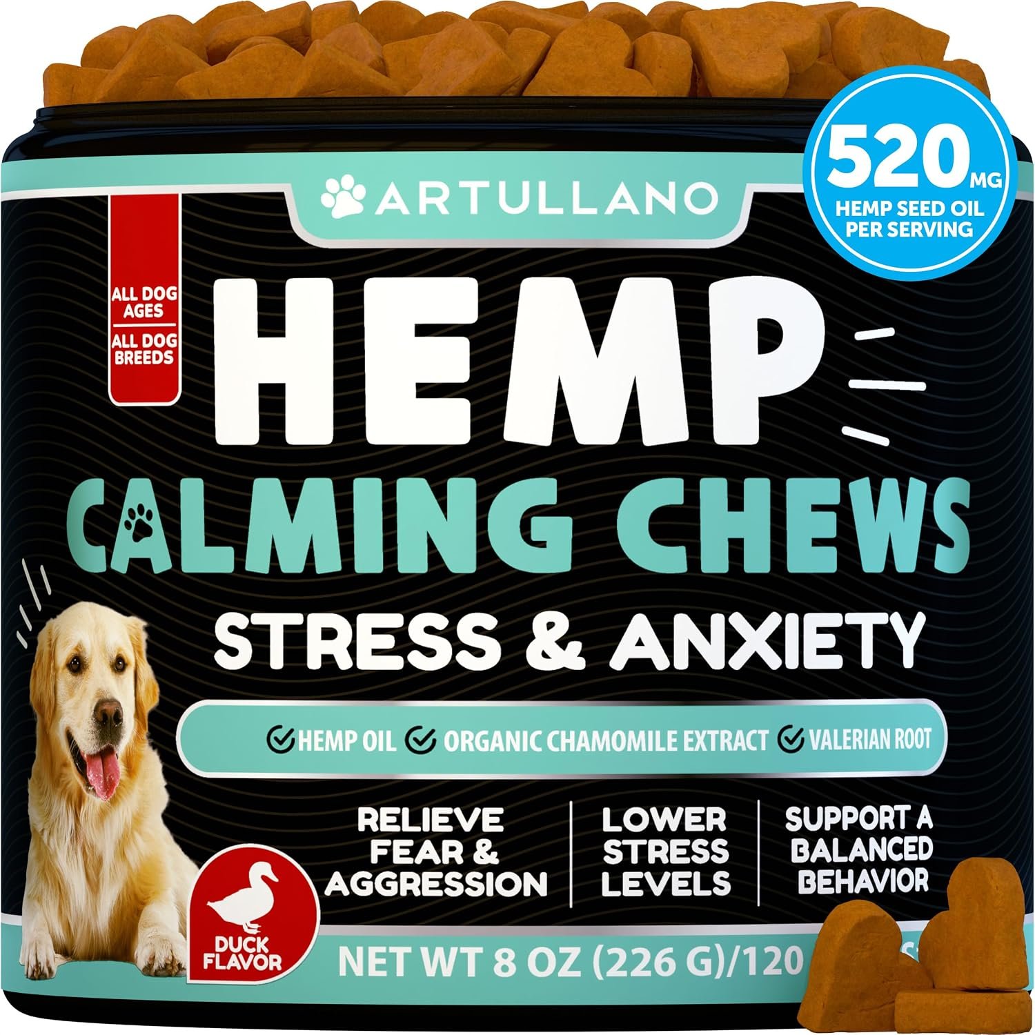 Hemp Calming Chews for Dogs – Dog Calming Chews – Dog Anxiety Relief Treats with Hemp Oil, Turmeric, Valerian, Ginger – Health and Wellness Supplements for Dogs – Hip and Joint Support – 120 Treats