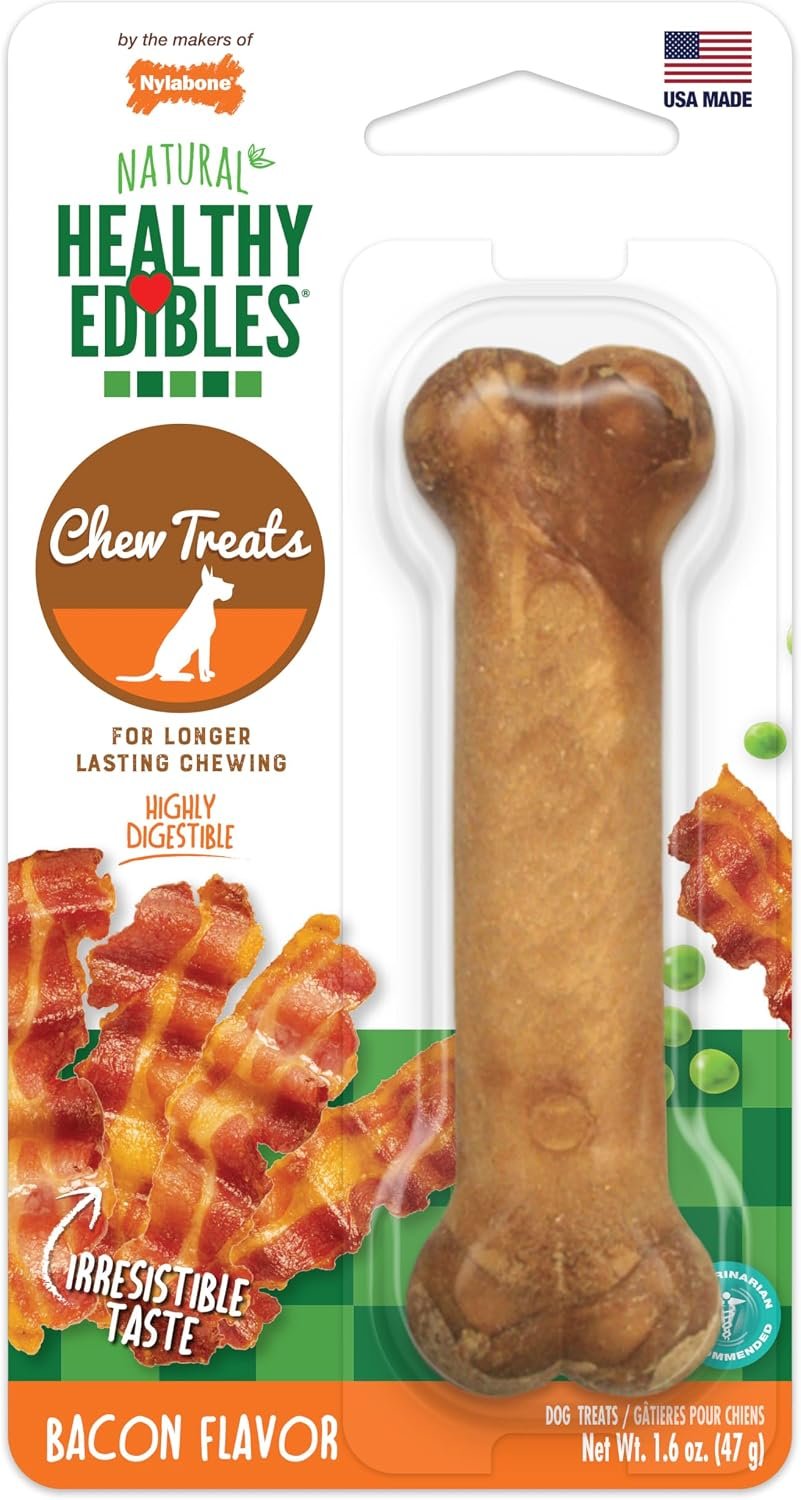 Nylabone Healthy Edibles Dog Treats, Bacon Flavor, Small | Natural dog chew bones, made in USA, highly digestible, vet recommended, long lasting chews for small dogs up to 25 lbs