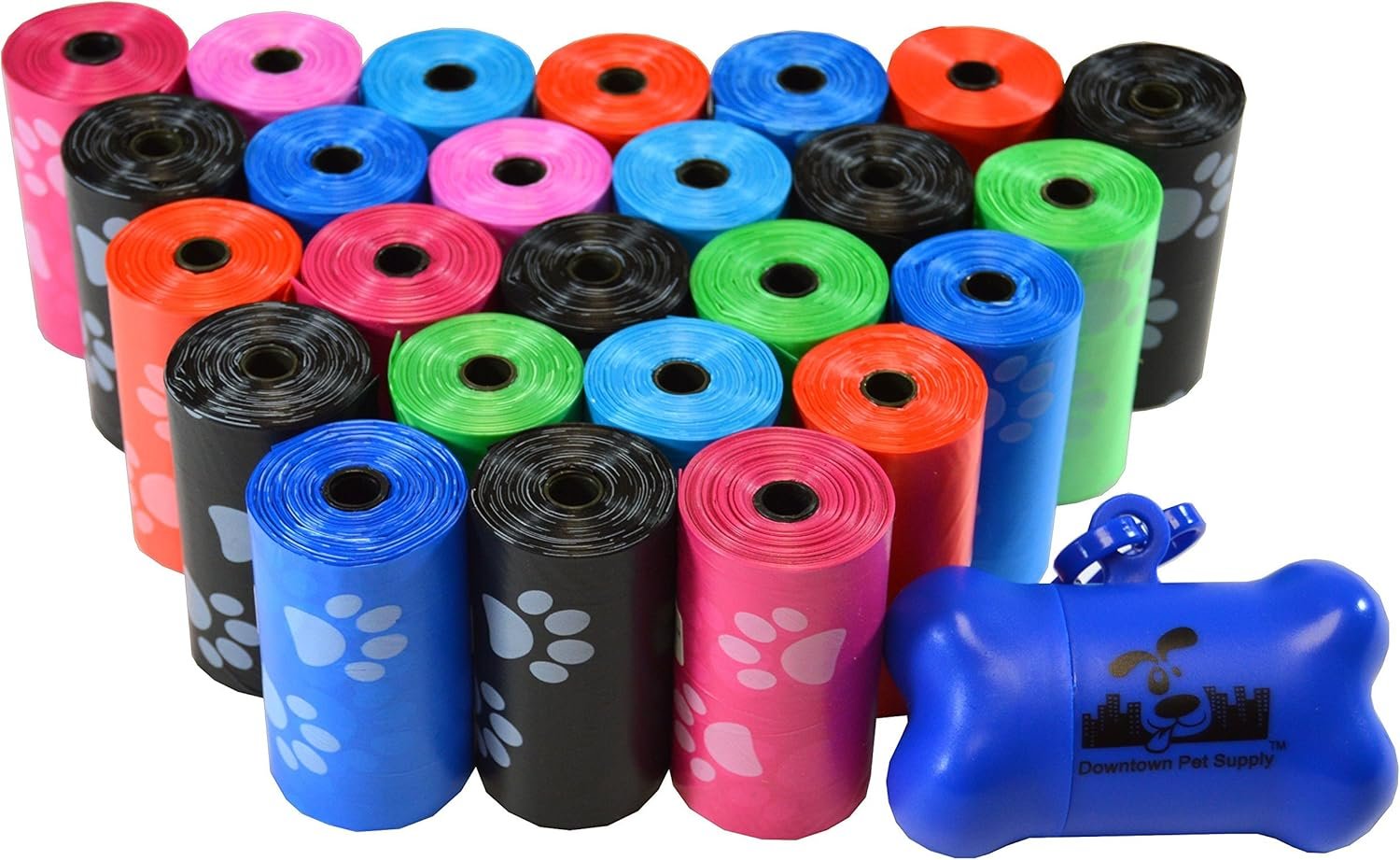 Downtown Pet Supply Poop Bags for Dogs with Dispenser, 500 Count – Leak-Proof Dog Waste Bags and Bone-Shaped Dog Poop Bags Holder for Leash – Rainbow with Paw Prints, 12.5″ x 8.5″