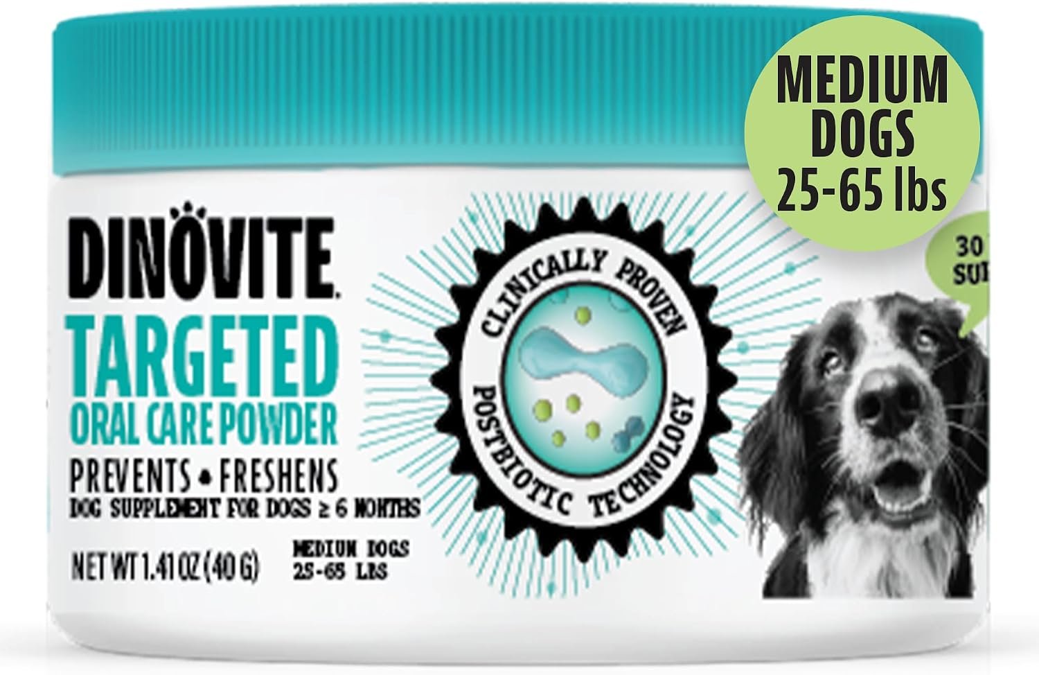 Dinovite Dental Powder for Medium Dogs, Freshens Dog Breath, 30 Day Supply | Brush-Free Dental Care Powder, Probiotics & Postbiotics, Freshens Breath, Supports Clean Teeth, Medium Dogs