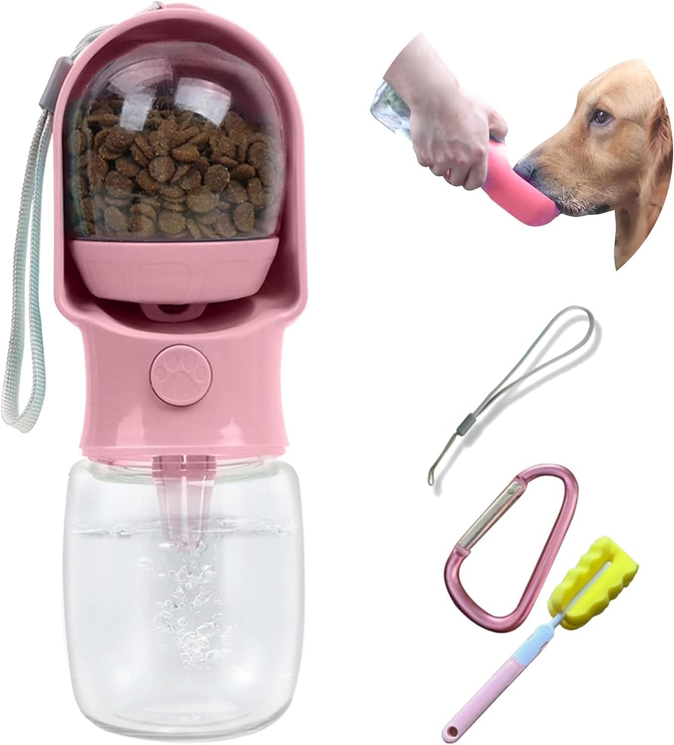Dog Water Bottle with Food Container, Leak Proof Portable Pet Dispenser with Lock and Cleaning Brush,Dogs Stuff Water Bottle for Walking Hiking,Travel (Pink)